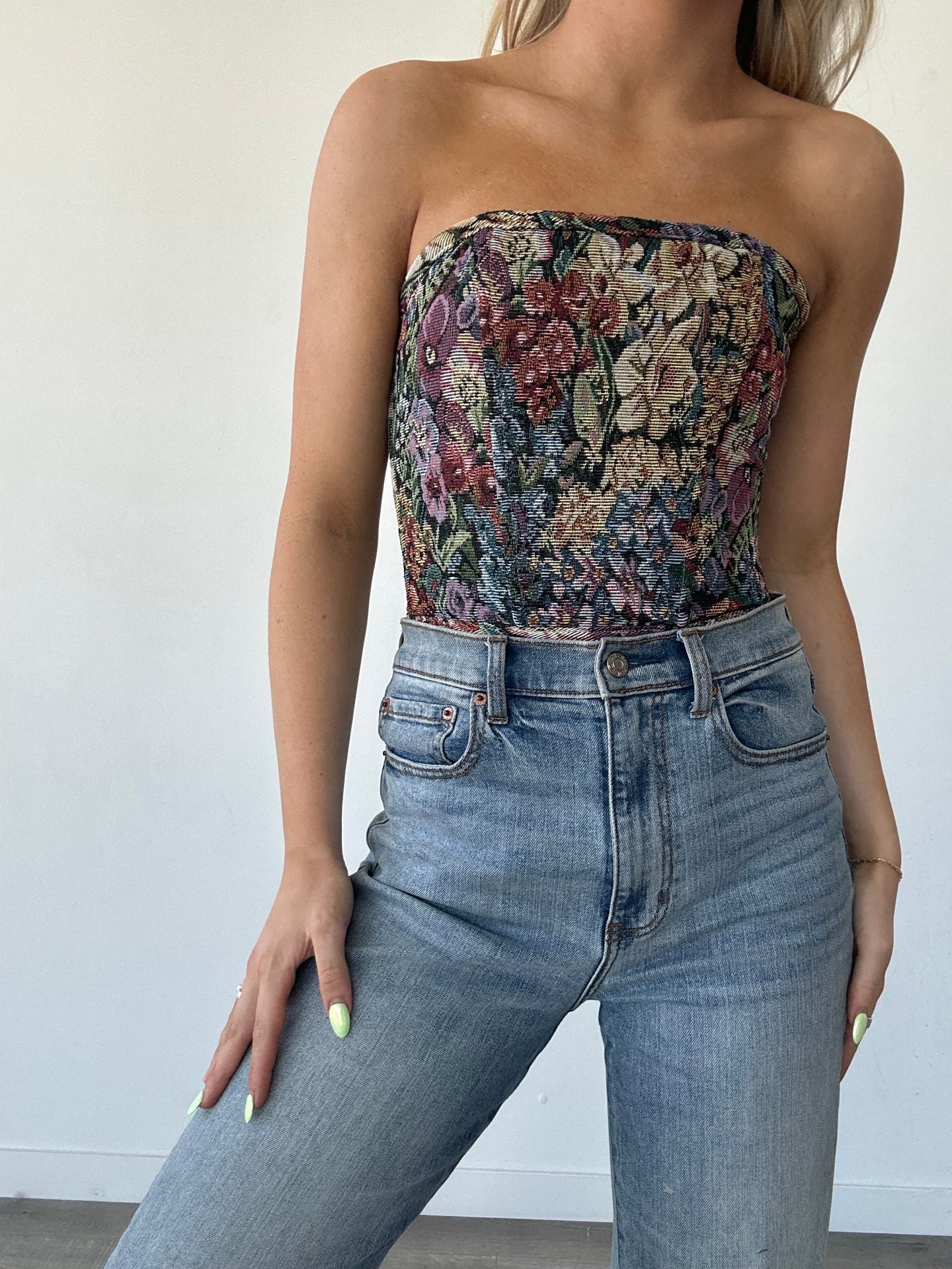Strapless Floral Corset Top With Satin Tie