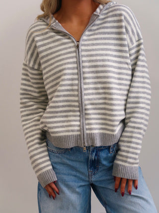 Sunday Zip Striped Sweater - Grey & White