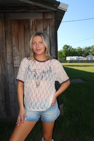 Cream & Brown Trim Longhorn Mesh T-Shirt