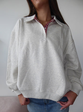 Grey Henley Sweatshirt With Red Gingham Inside