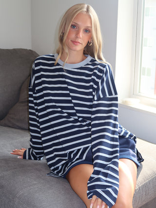 Navy Oversized Striped Long Sleeve Top