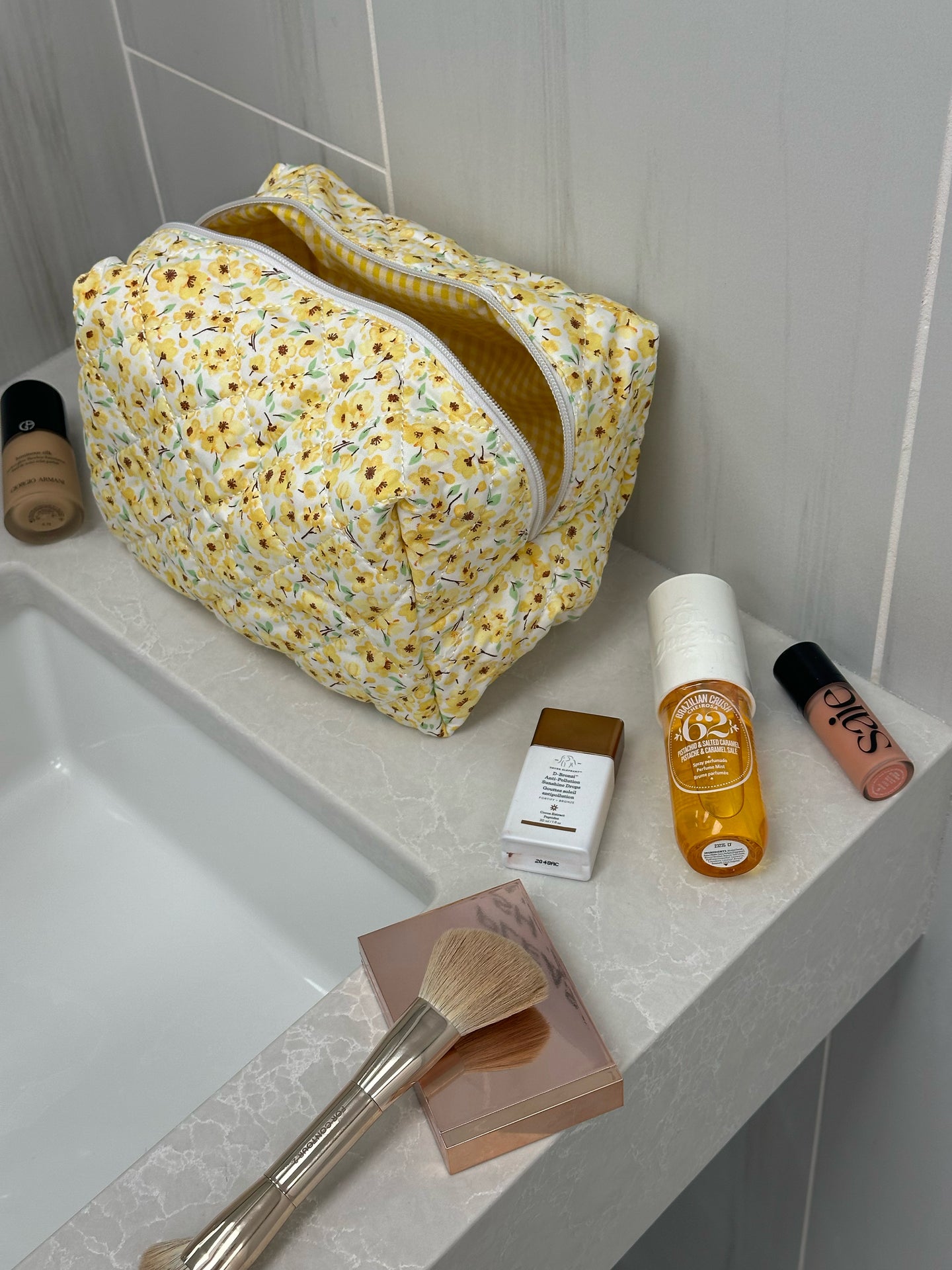 Yellow Flower Quilted Makeup Bag