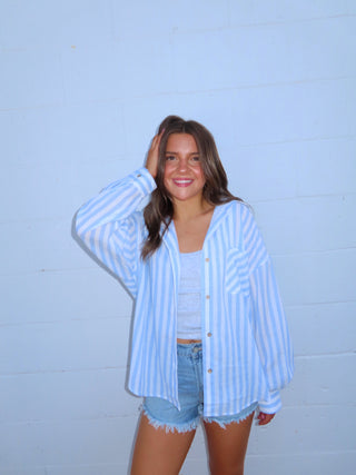 Striped Button Down Linen Shirt - Blue/White
