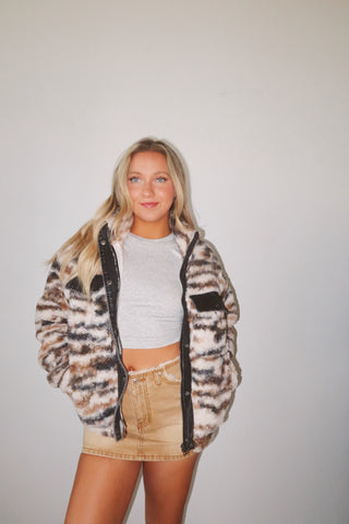 Contrast Denim Printed Sherpa Zip Up