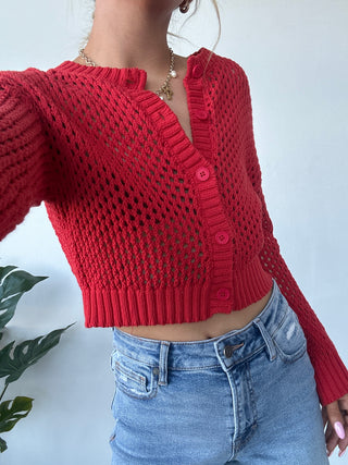 Red Crochet Button Down Cardigan