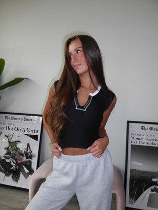 Black Short Sleeve V Neck With White Stitching