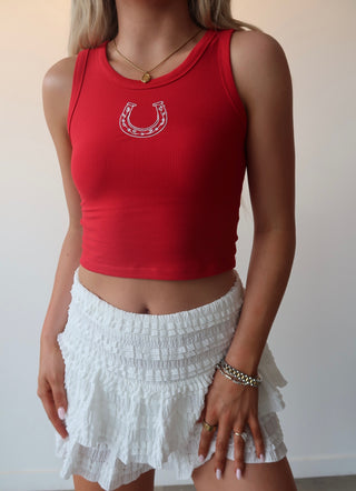 Red High Neck Tank With Embroidered Horse Shoe