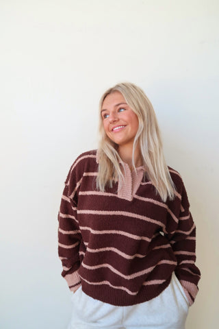 Cozy Brown/Taupe Stripe V-Neck Sweater