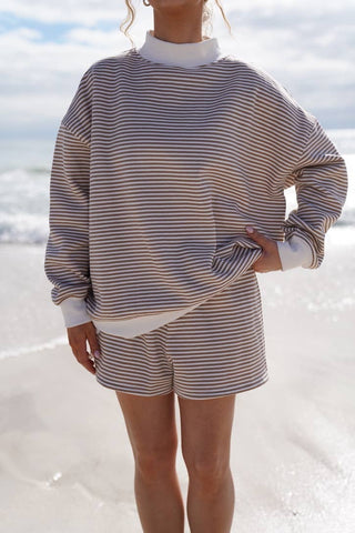 Brown and White Big Striped Mockneck Sweatshirt