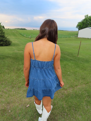 Spaghetti Strapped Tiered Denim Dress