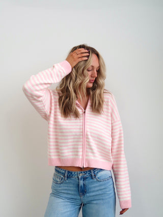Sunday Zip Stripe Sweater - Pink & White