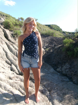 Navy One Shoulder Side Ruched Top With Polka Dots
