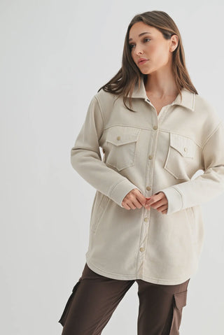 Snap On Shacket With Pockets - Beige