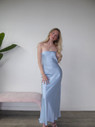 Light Blue Satin Strapless Dress With Open Tie Back