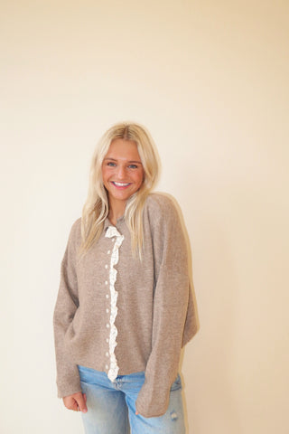 Mocha Cardigan With Lace Trim