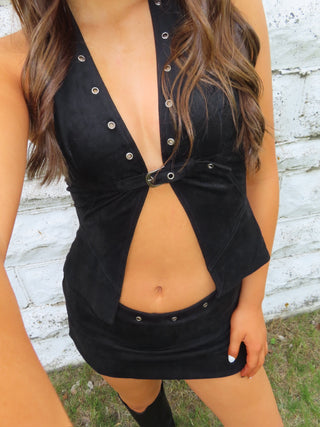 Black Suede Front Buckle Grommet Halter Top