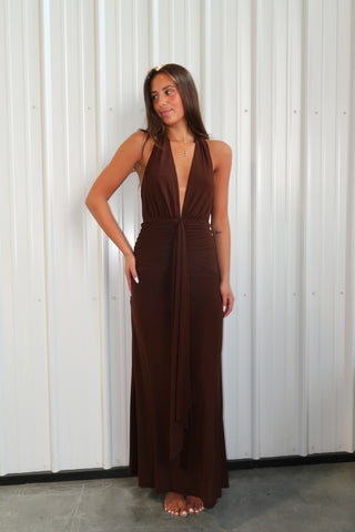 Espresso Ruched Halter Maxi Dress