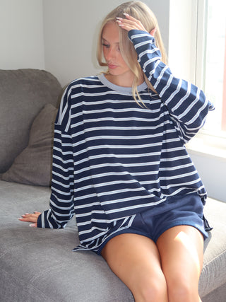 Navy Oversized Striped Long Sleeve Top