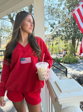 Red American Flag Embroider V-Neck Sweatshirt