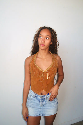 Camel Suede Halter Top With Fringe