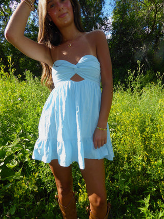Sky Blue Strapless Dress With Open Back
