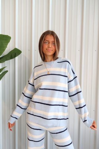 Ultra Soft Knit Baby Blue Striped Crewneck Sweater