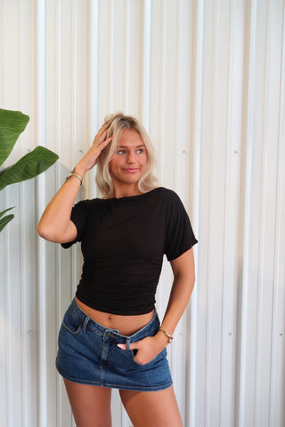 Ruched Black Boat Neck Short Sleeve Top