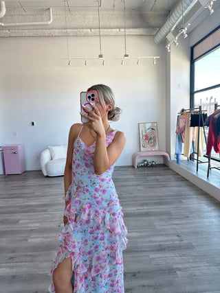 Blue Floral Ruffle Maxi Dress