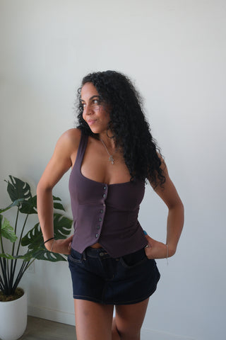 Plum Sleeveless Button Down Top