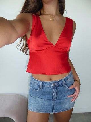 Red Satin V-Neck Tank Top