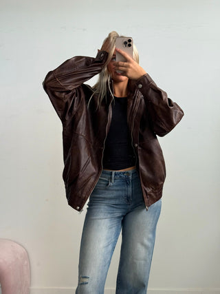 Brown Faux Leather Bomber Jacket