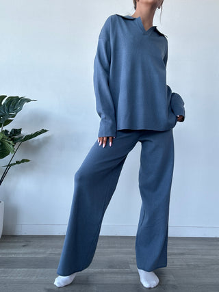 Blue Wide Leg Sweater Pants