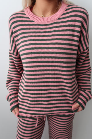 Pink & Green Stripe Crew Neck Sweater