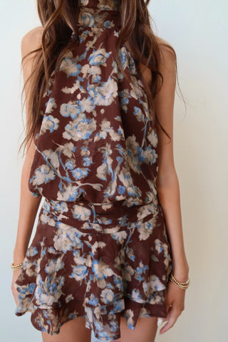Brown Floral Open Back Mini Dress