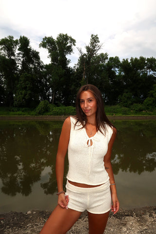 Cream Knit Tie Front Top