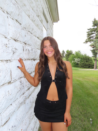 Black Suede Grommet Skort