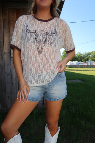 Cream & Brown Trim Longhorn Mesh T-Shirt