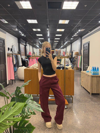 Long Black Cherry Staple Cargo Wide Leg Sweatpants