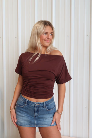 Ruched Espresso Boat Neck Short Sleeve Top