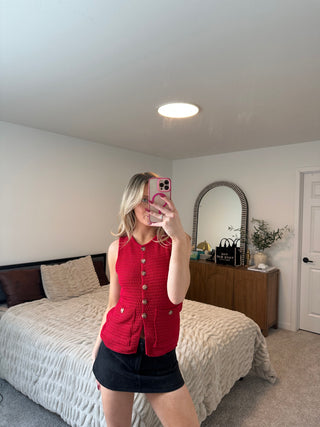 Red Round Neck Button Down Sweater Vest