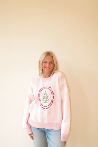 Pink & White Striped Christmas Tree Sweater