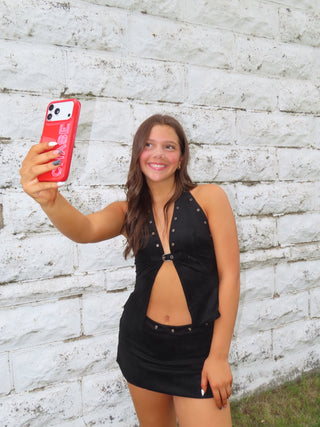 Black Suede Grommet Skort