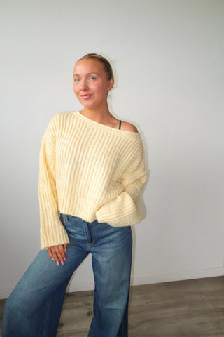 Light Yellow Boat Neck Chunky Knit Sweater