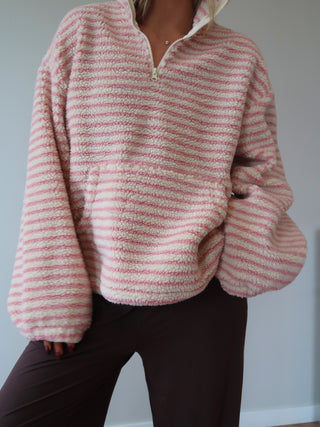 Pink & Cream Striped Quarter Zip Sherpa Pullover