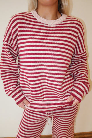 Burgundy & Pink Stripe Crew Neck Sweater