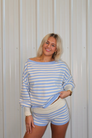 Blue Striped Off The Shoulder Long Sleeve