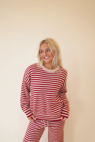 Burgundy & Pink Stripe Crew Neck Sweater