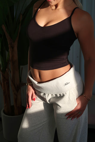 Heather White Staple Fold Over Wide Leg Sweatpants