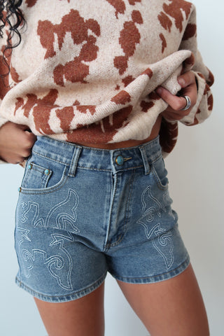Western Embroidery Shorts - Dark Denim
