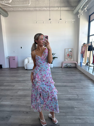 Blue Floral Ruffle Maxi Dress